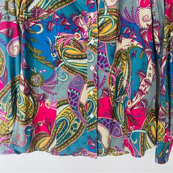 Vintage tan pink blue paisley button front office preppy top 10 - Picture 3 of 5